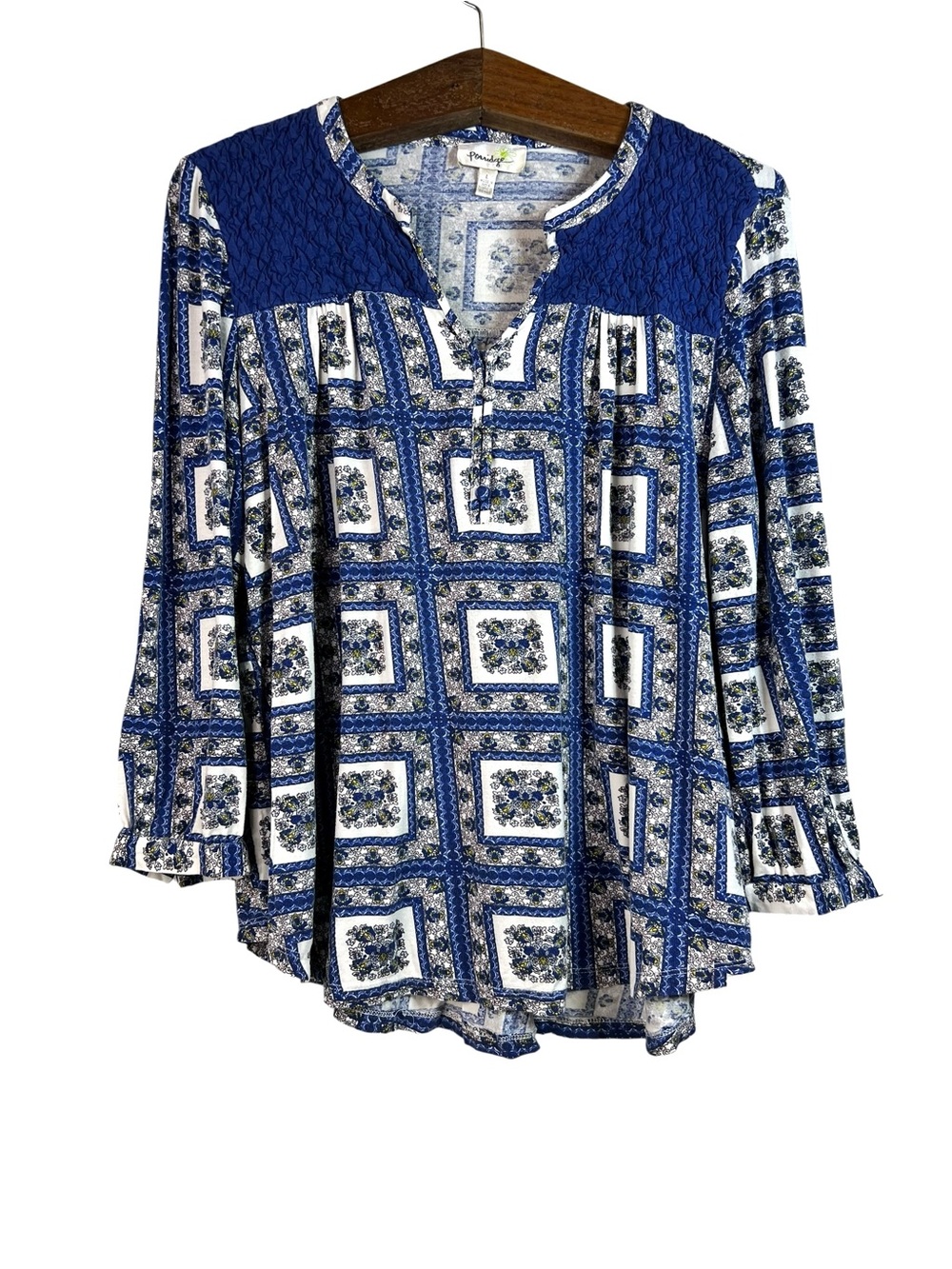Porridge Anthropologie Women Top Size L Blue White Boho Cottagecore Peasant